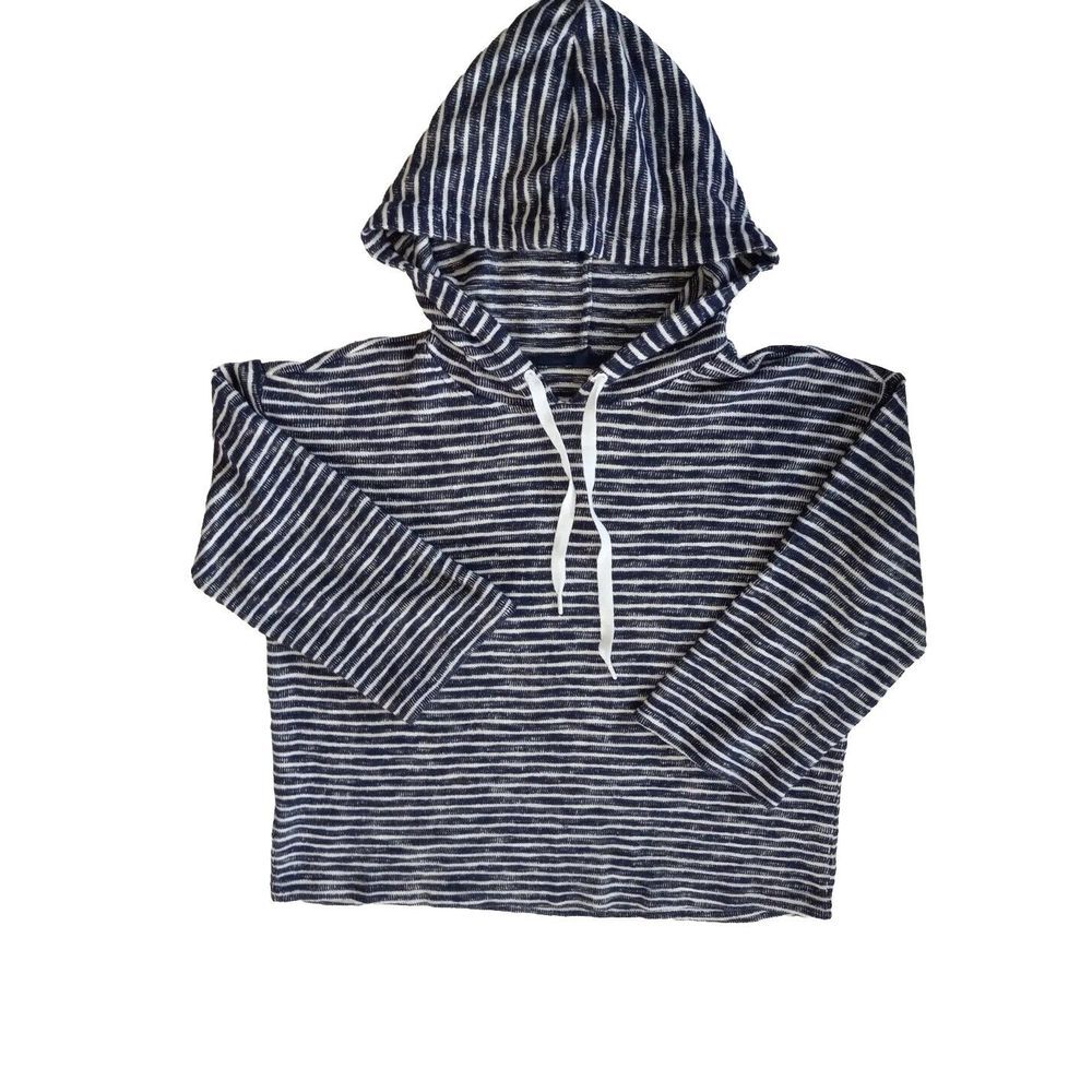 Lou & Grey Women's Large Drawstring Hoodie Knit Sweater Jacket Checked Blue